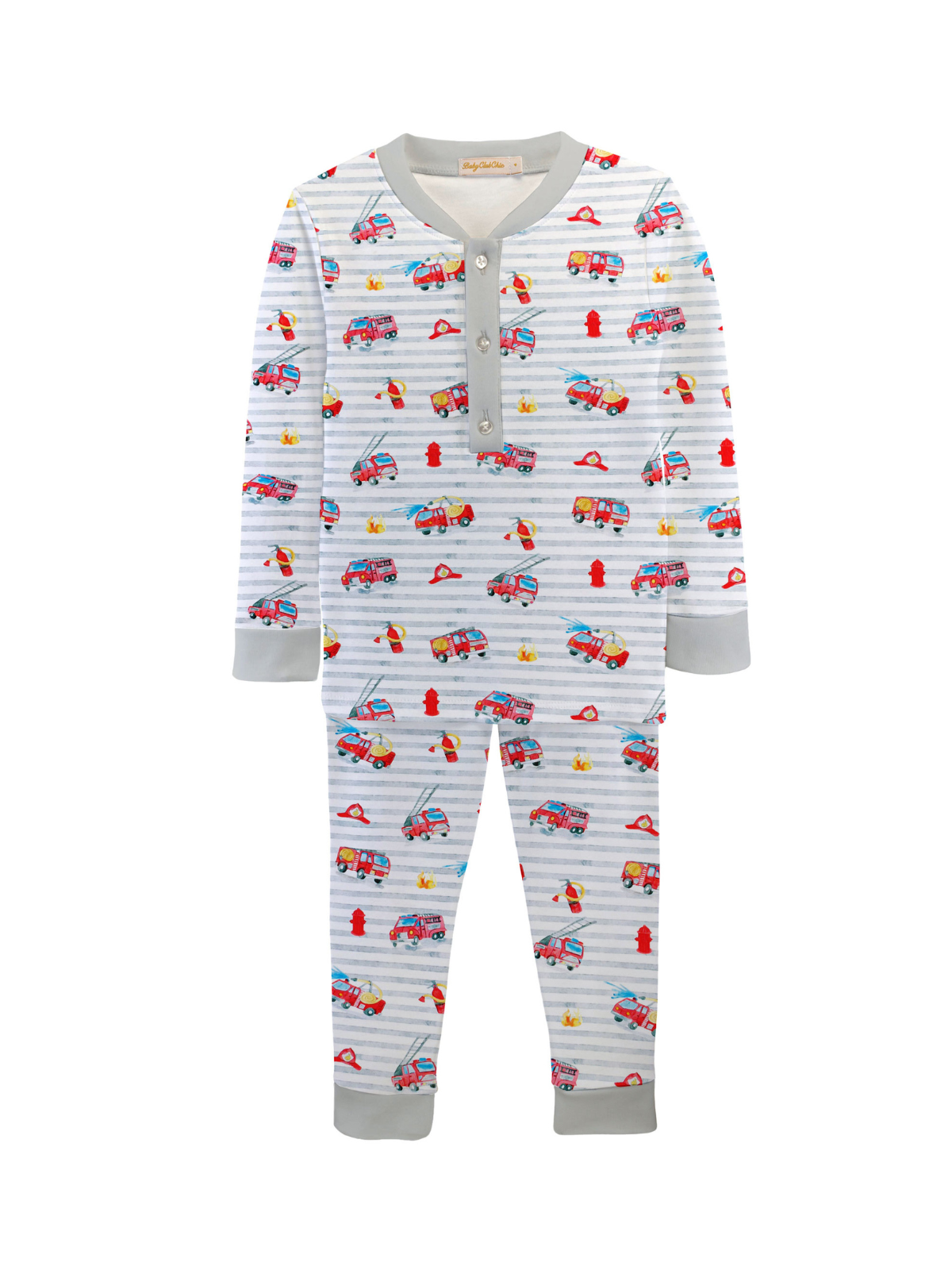 Firefighter PJ Set Pajamas Baby Club Chic Light Gray Stripe 12-18M