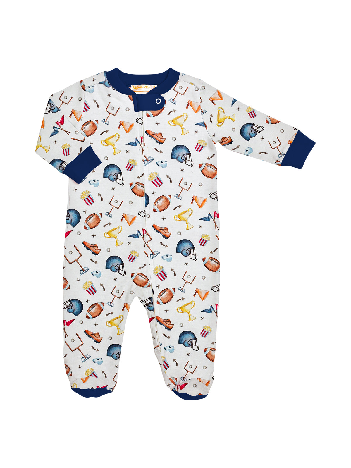 Football Zipped Footie Pajamas Baby Club Chic White 0-3M