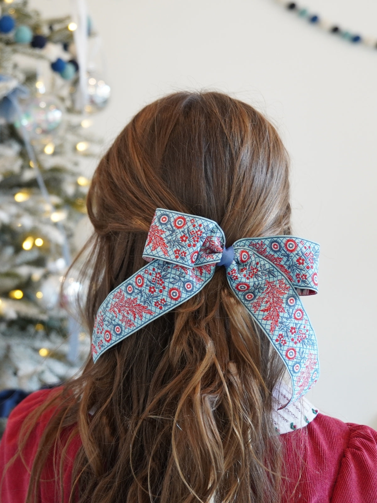 Ice Blue and Red Vintage Ribbon Bow Hair Accessories Hibiscus Linens