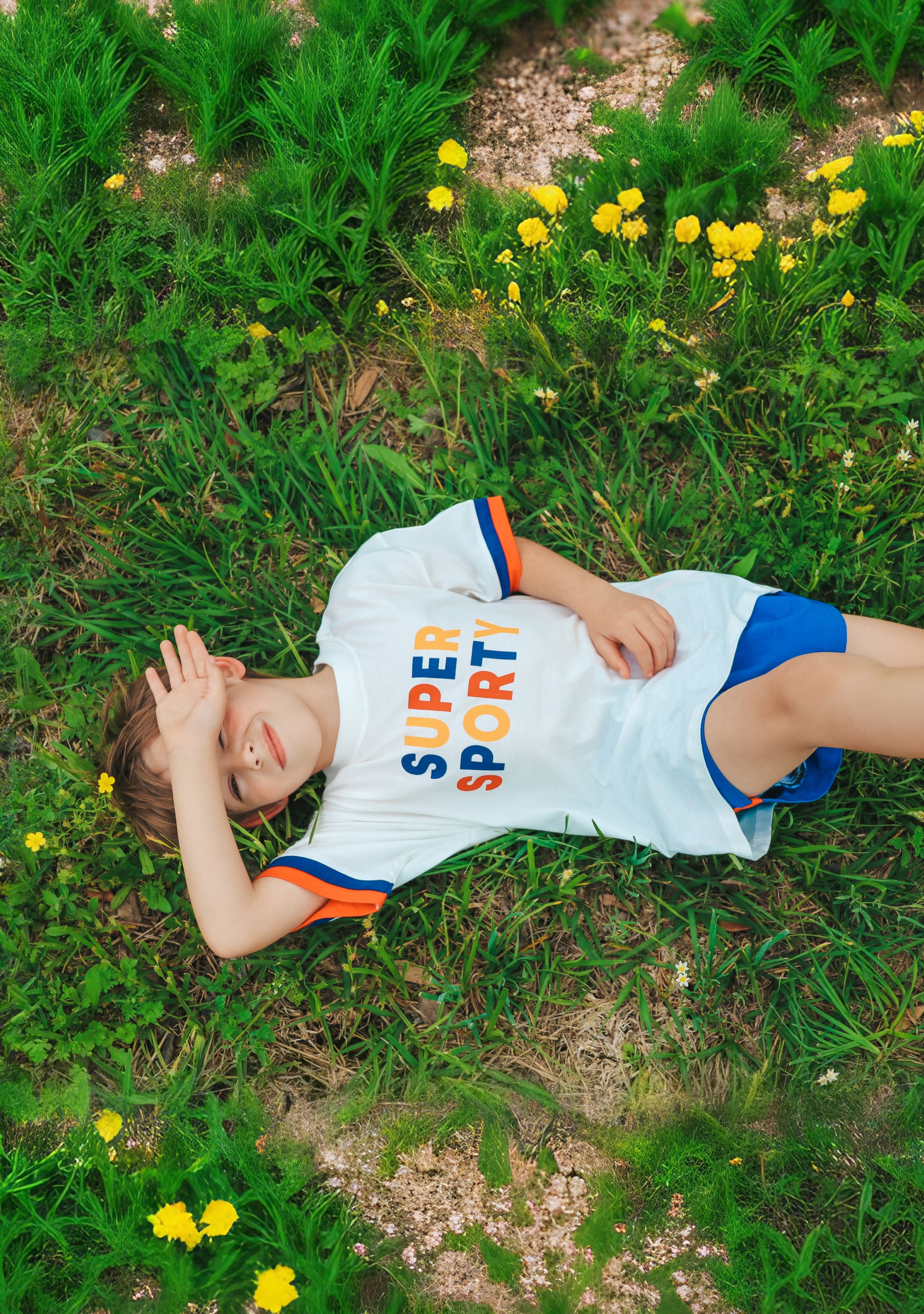 boy laying in grass wearing super sporty tee
