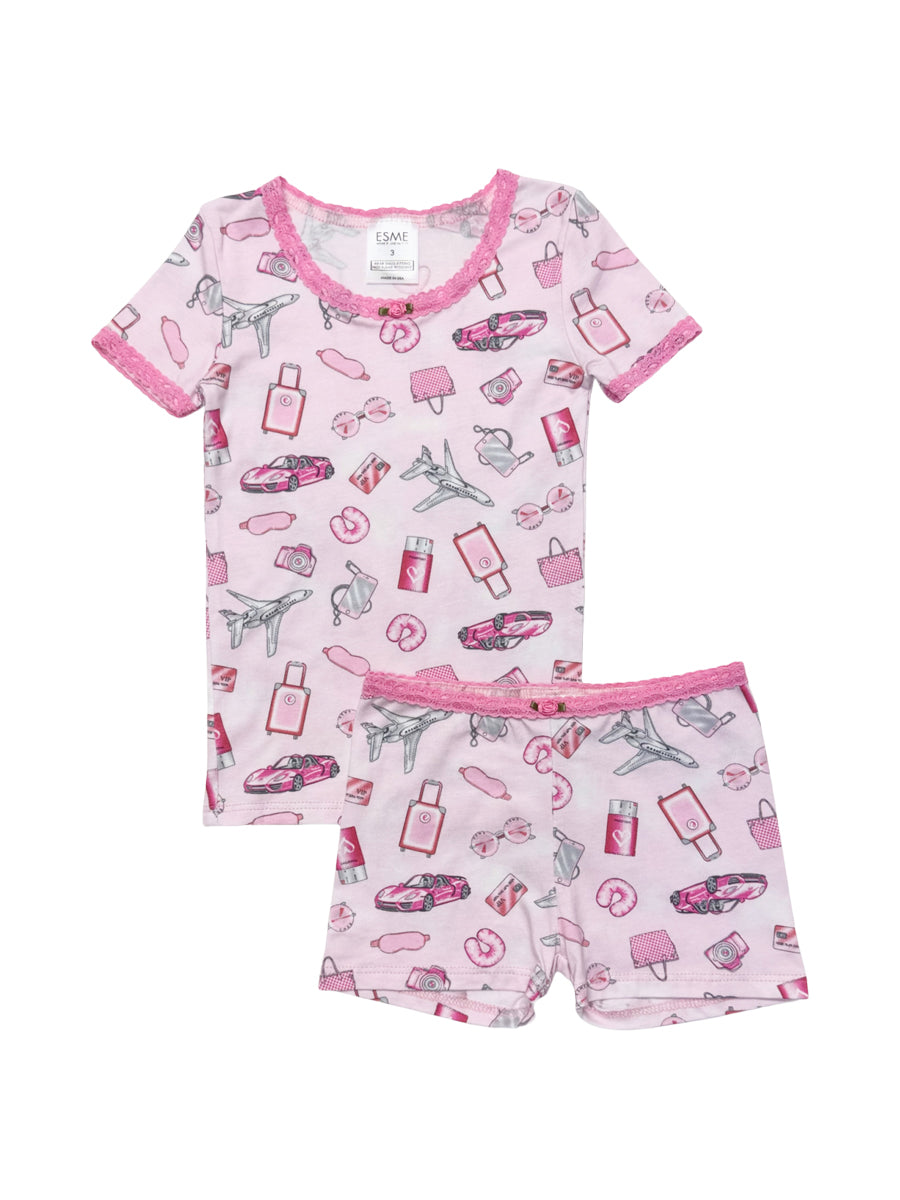 Pink Jet Set Short Sleeve PJ Set Pajamas Esme Pink 2Y