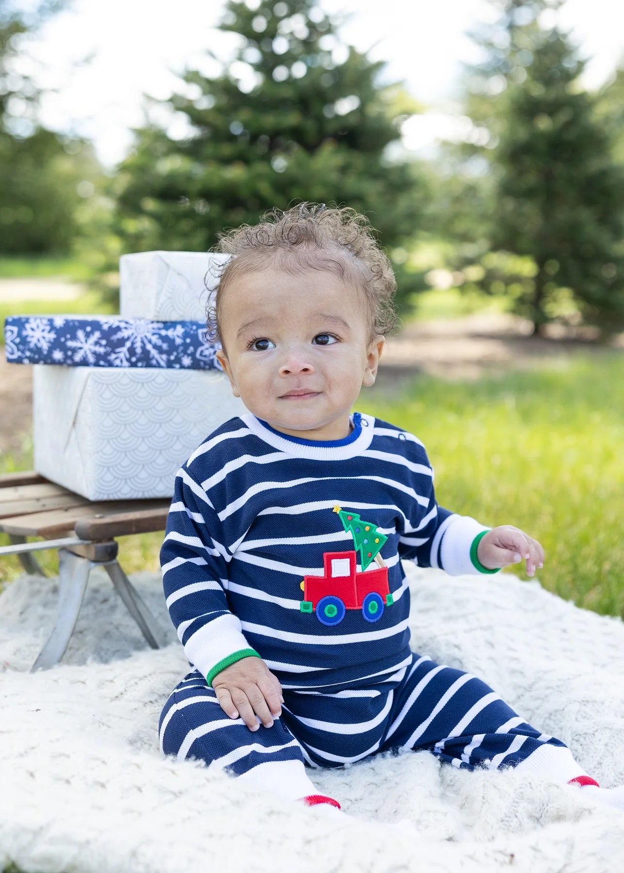 Stripe Christmas Truck Romper Rompers Florence Eiseman