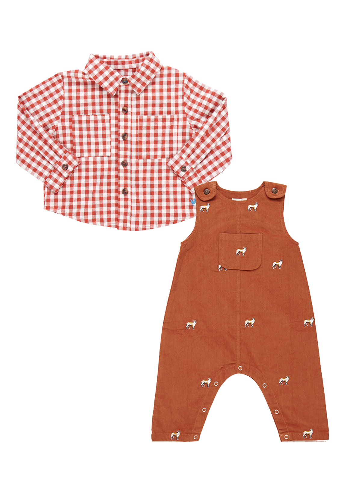 Dog Embroidered Cord Romper and Shirt Set Sets Pink Chicken Brown 3/6M