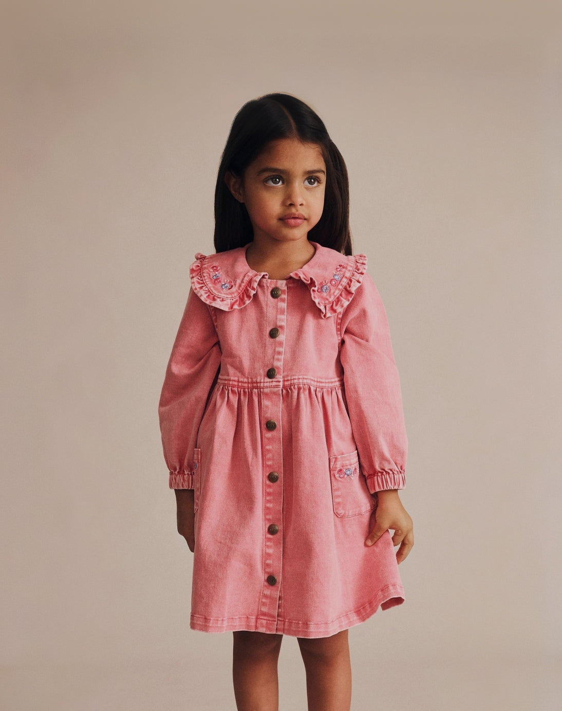 huxbaby floral collar dress, girl wearing dress in studio