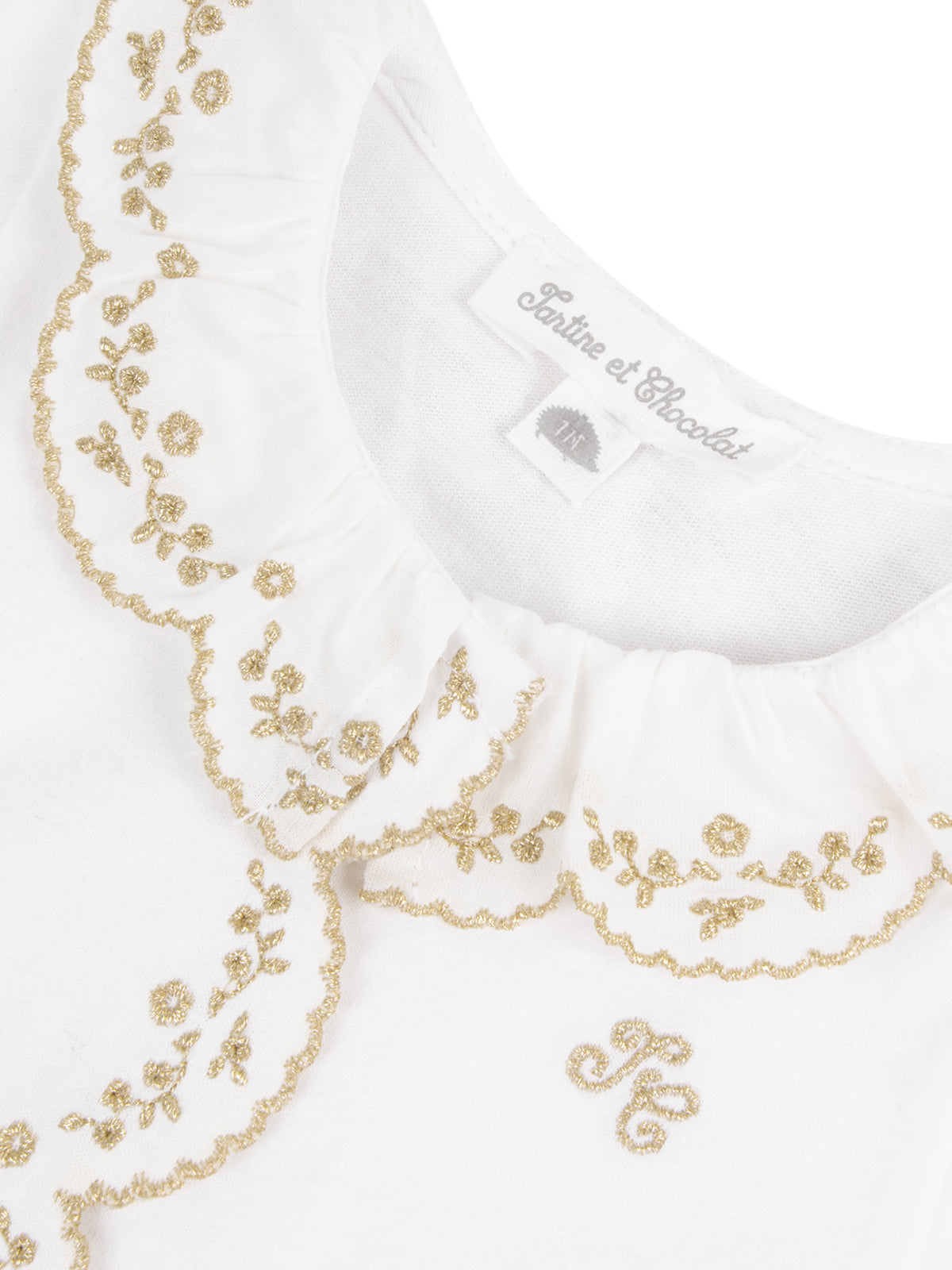 Embroidered Gold Trim Footie Rompers Tartine et Chocolat