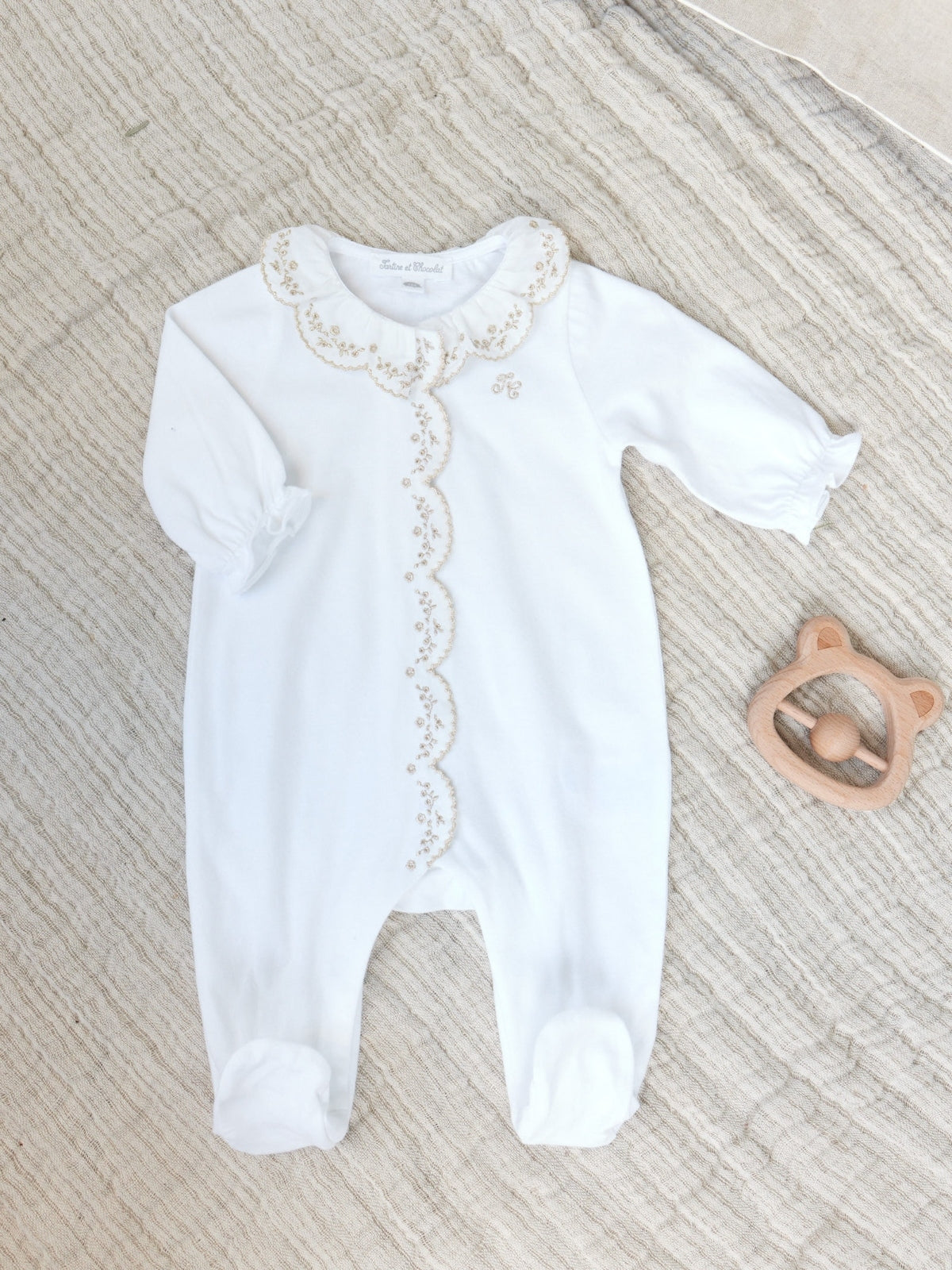 Embroidered Gold Trim Footie Rompers Tartine et Chocolat