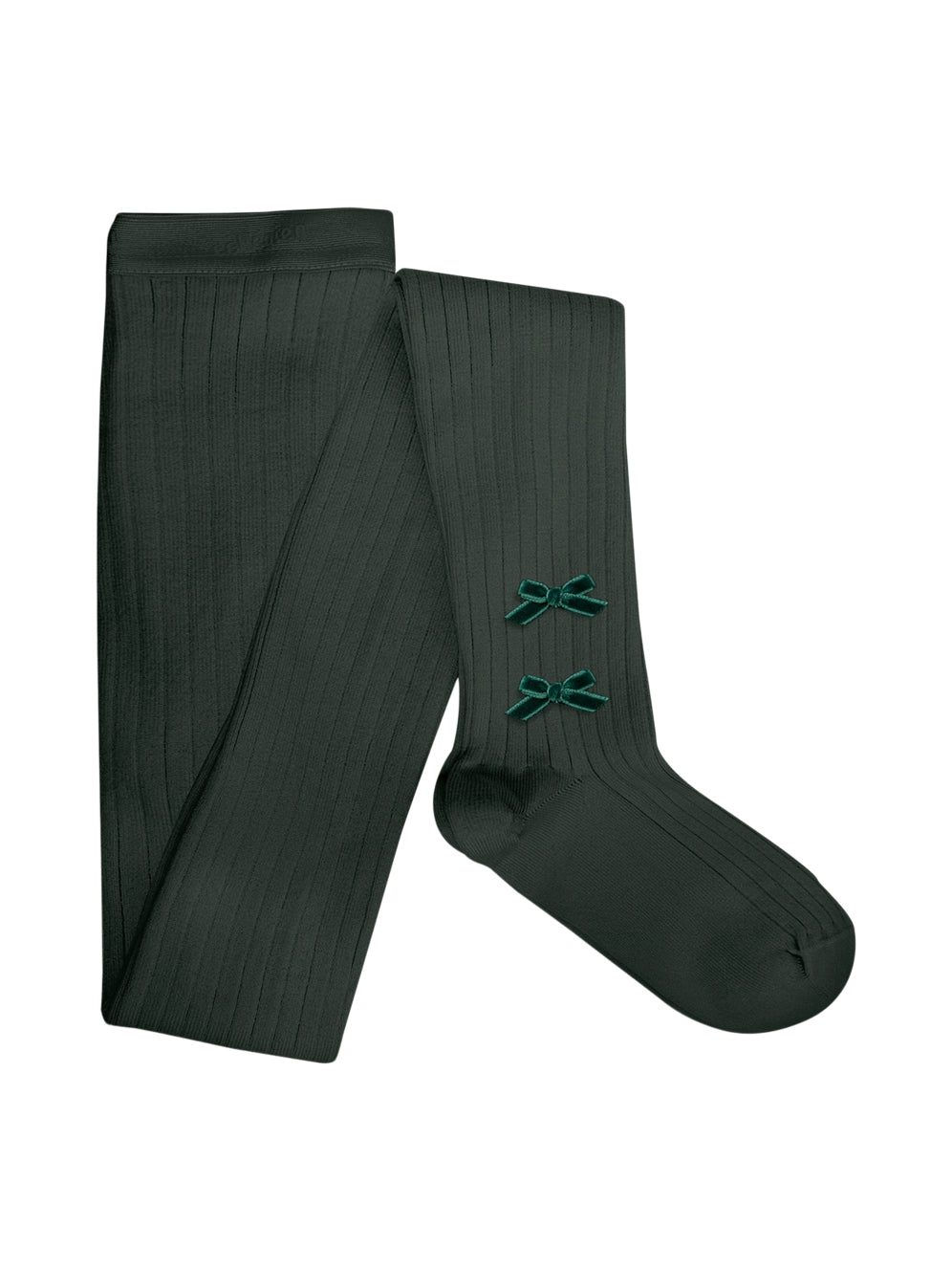 Capucine Ribbed Tights with Velvet Bows Tights Collégien Forest Green 6M