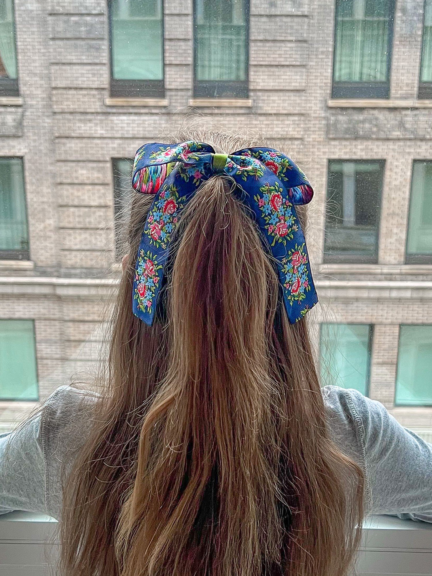 Red and Navy Blooms Vintage Ribbon Bow Hair Accessories Hibiscus Linens