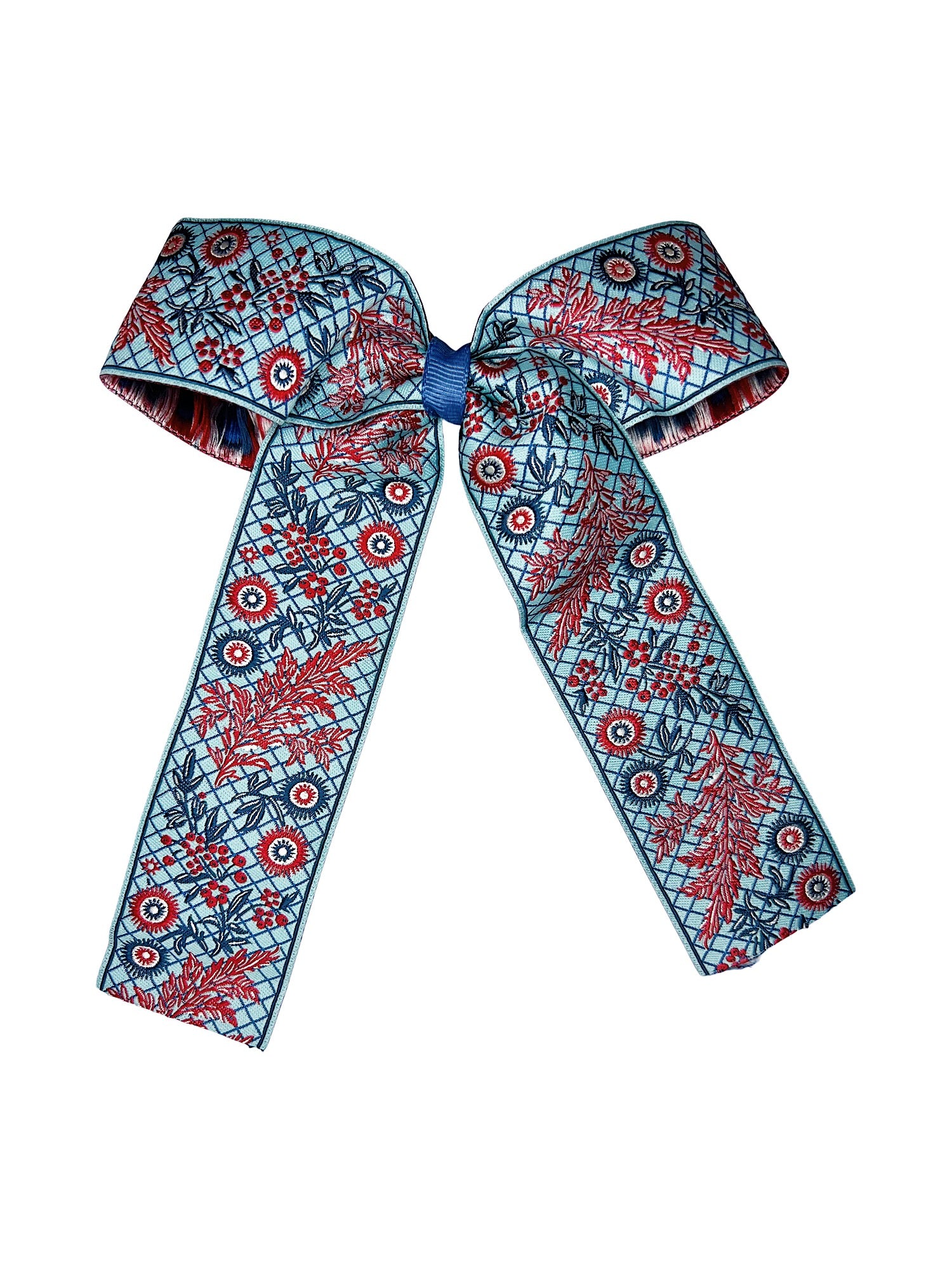 Ice Blue and Red Vintage Ribbon Bow Hair Accessories Hibiscus Linens Winter Blue and Red