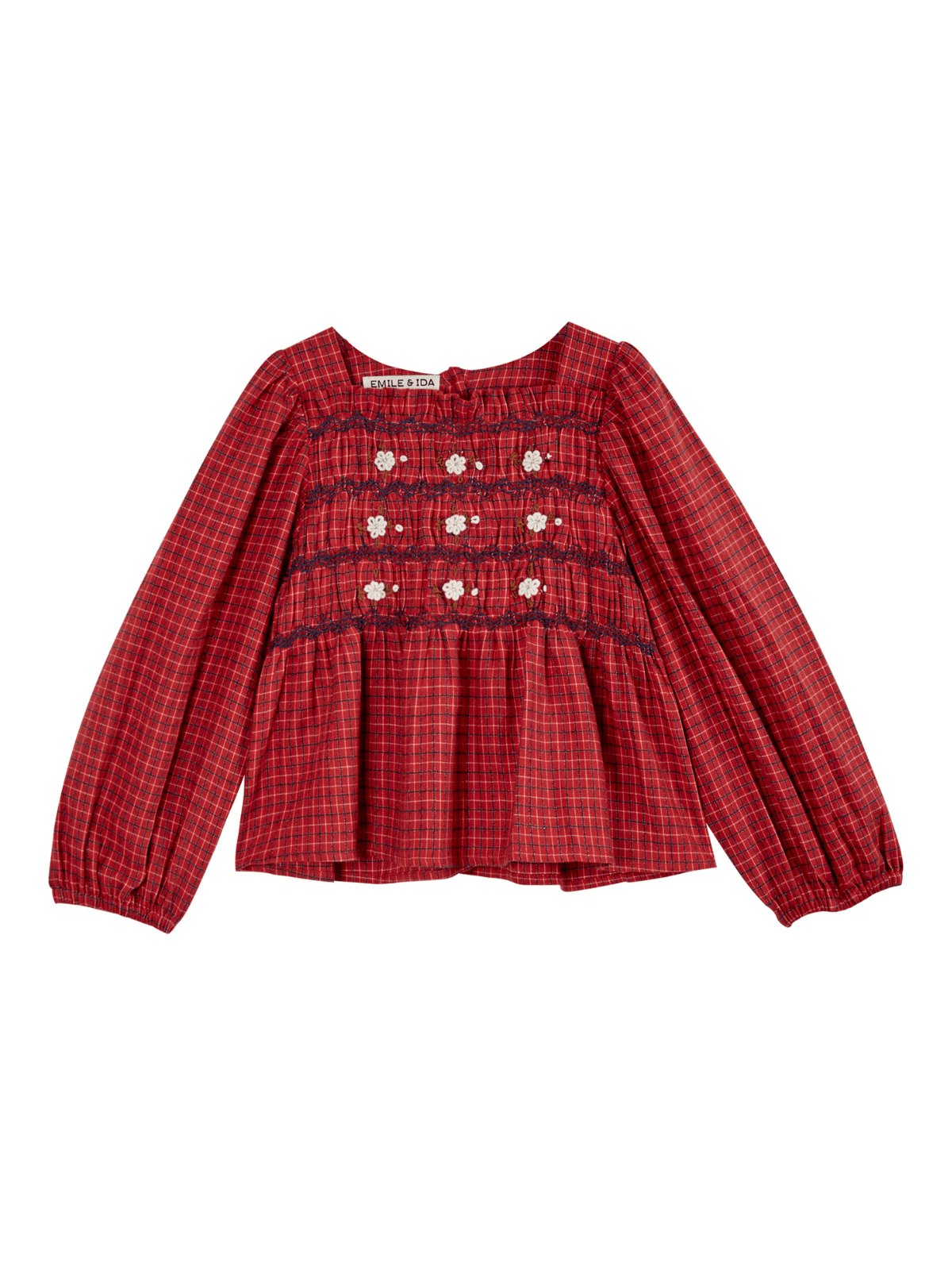 Red Embroidered Smocked Blouse