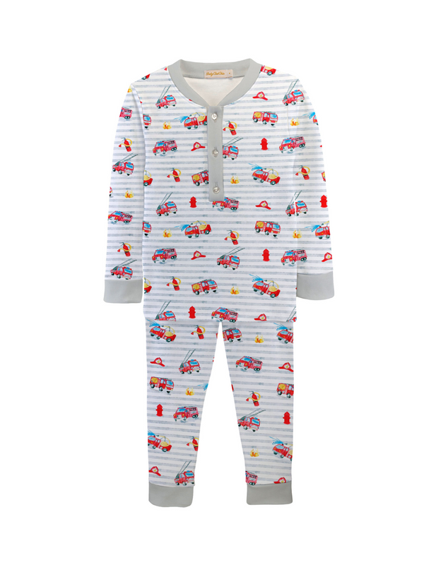 Firefighter PJ Set Pajamas Baby Club Chic Light Gray Stripe 12-18M 