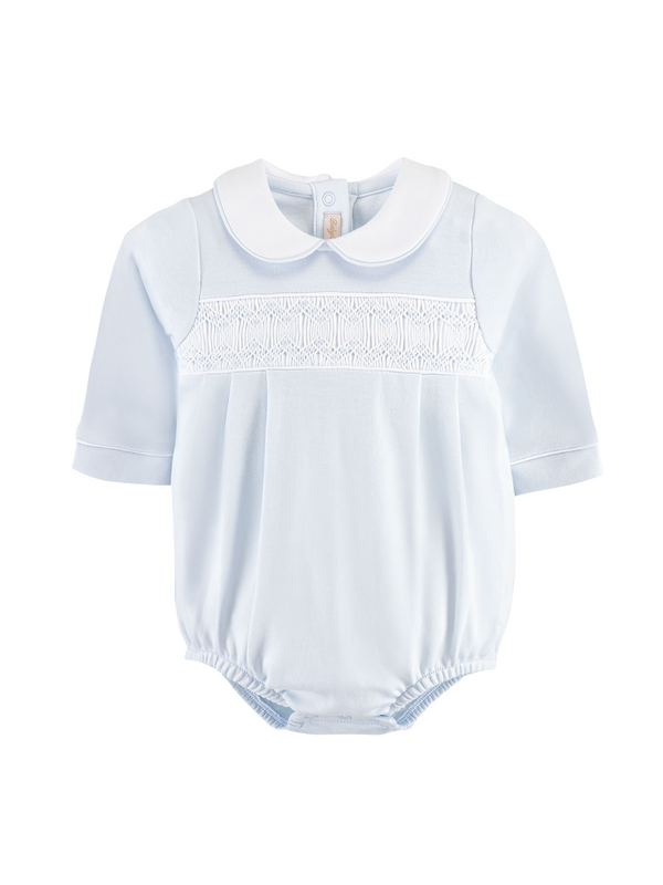 Collared Smocked Long Sleeve Bubble Rompers Baby Club Chic Light Blue 0-3M