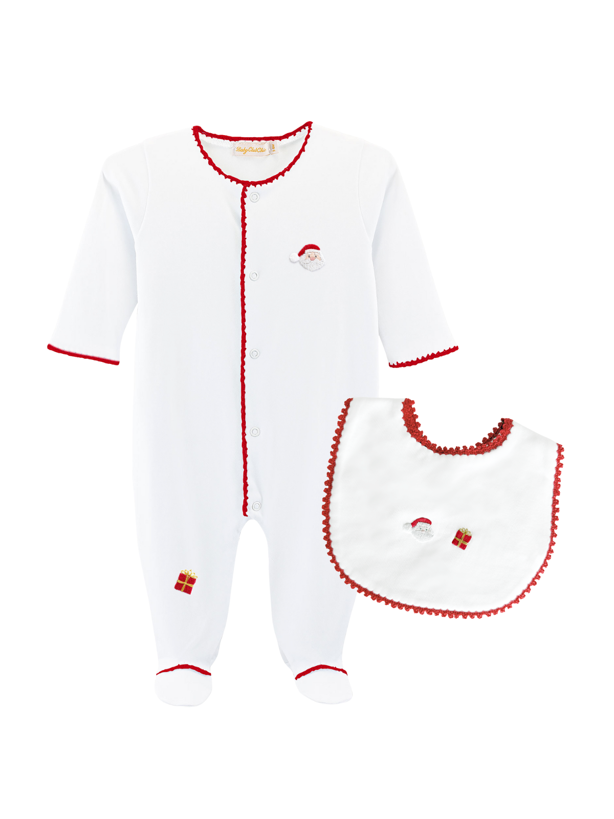 First Christmas Footie and Bib Set Rompers Baby Club Chic White 0-3M
