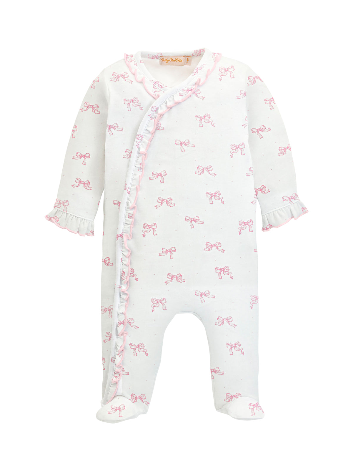 Pretty Bows Printed Ruffle Footie Rompers Baby Club Chic White NB 
