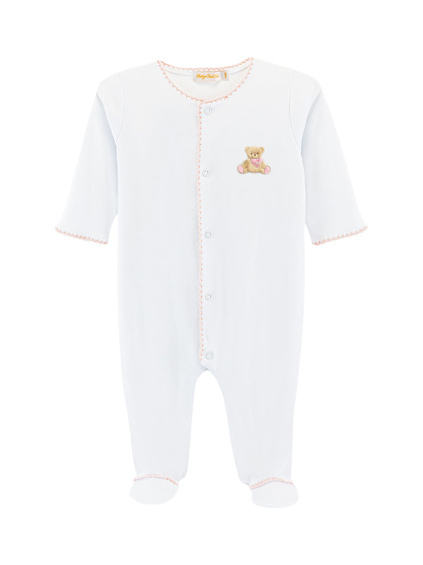 Teddy Bear Embroidered Footie - Pink Pajamas Baby Club Chic White NB 