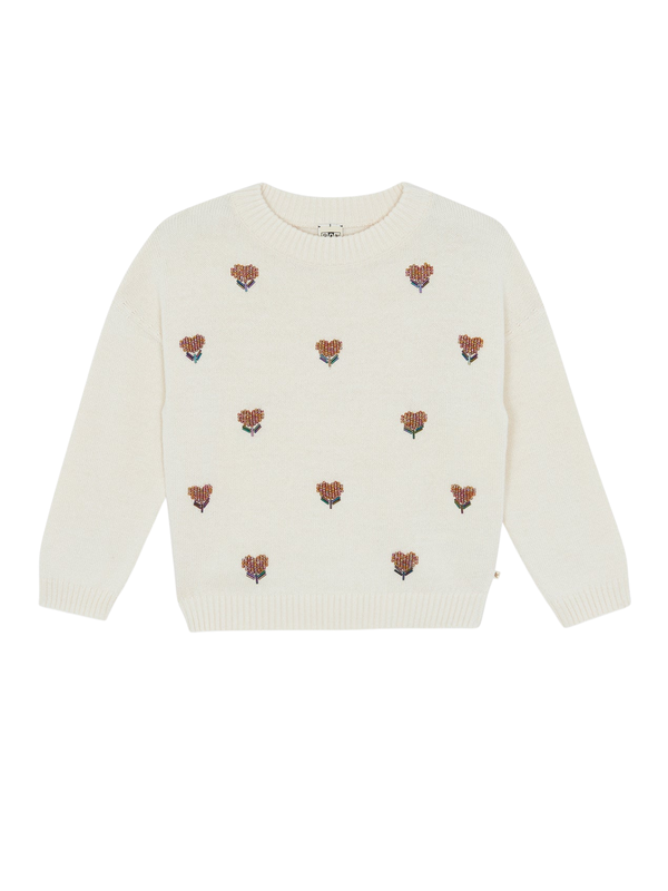 Beaded Heart Flower Sweater Sweaters Bonton Milk 3Y