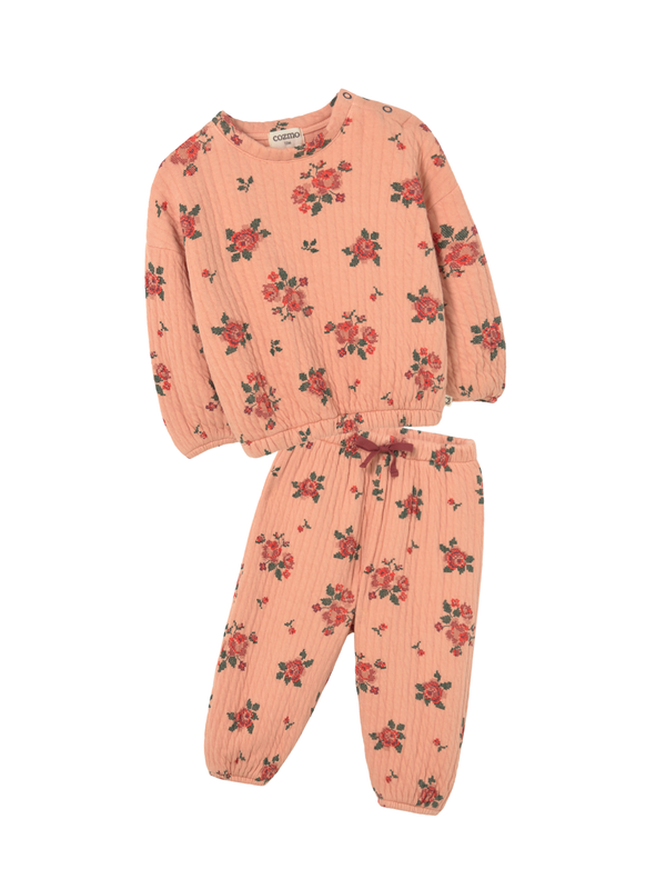 Quilted Floral Sweatshirt Set Sets Cozmo Peach 6M