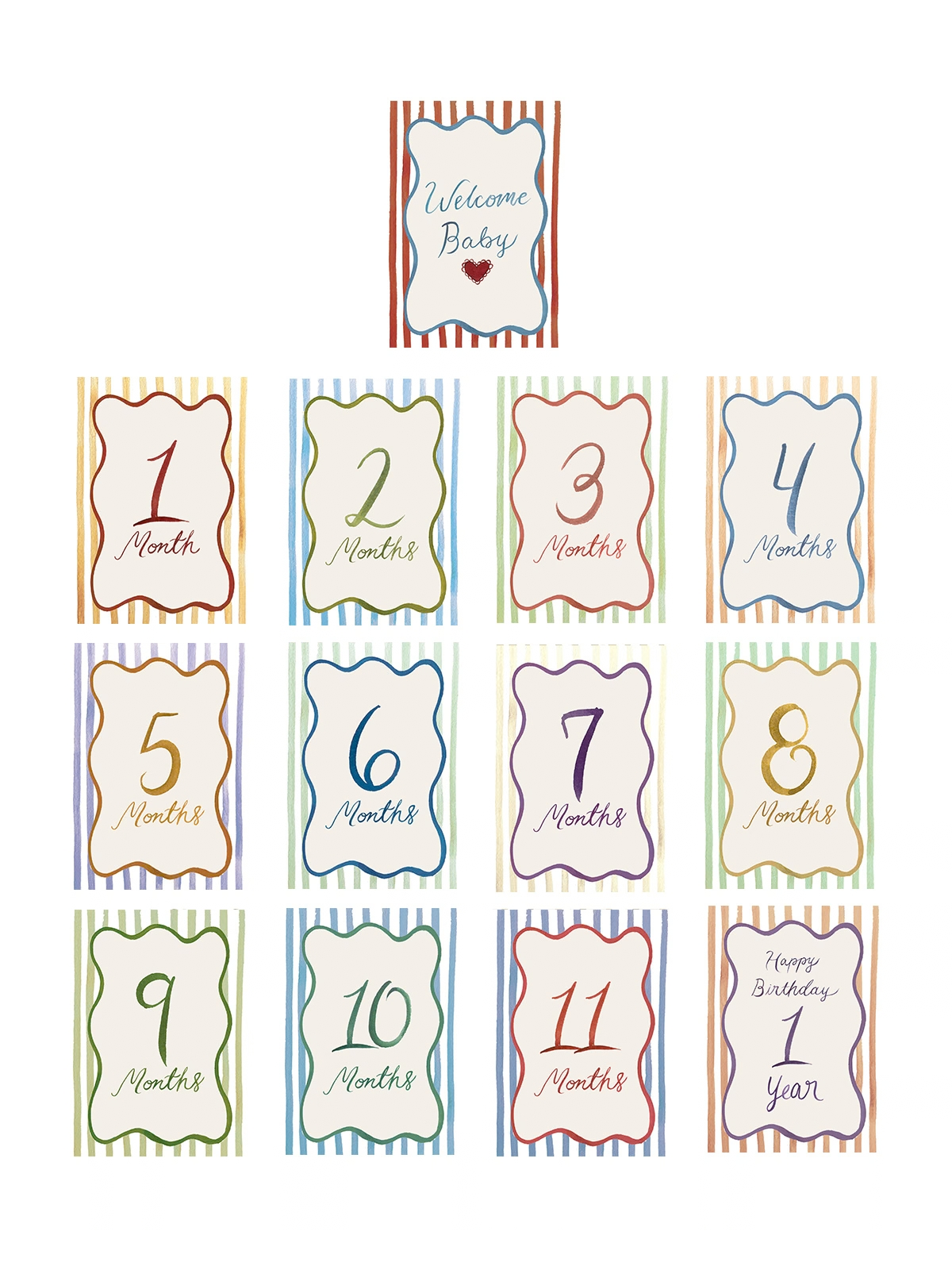 Striped Monthly Milestone Cards Party Supplies Crystal Ochoa Illustrations