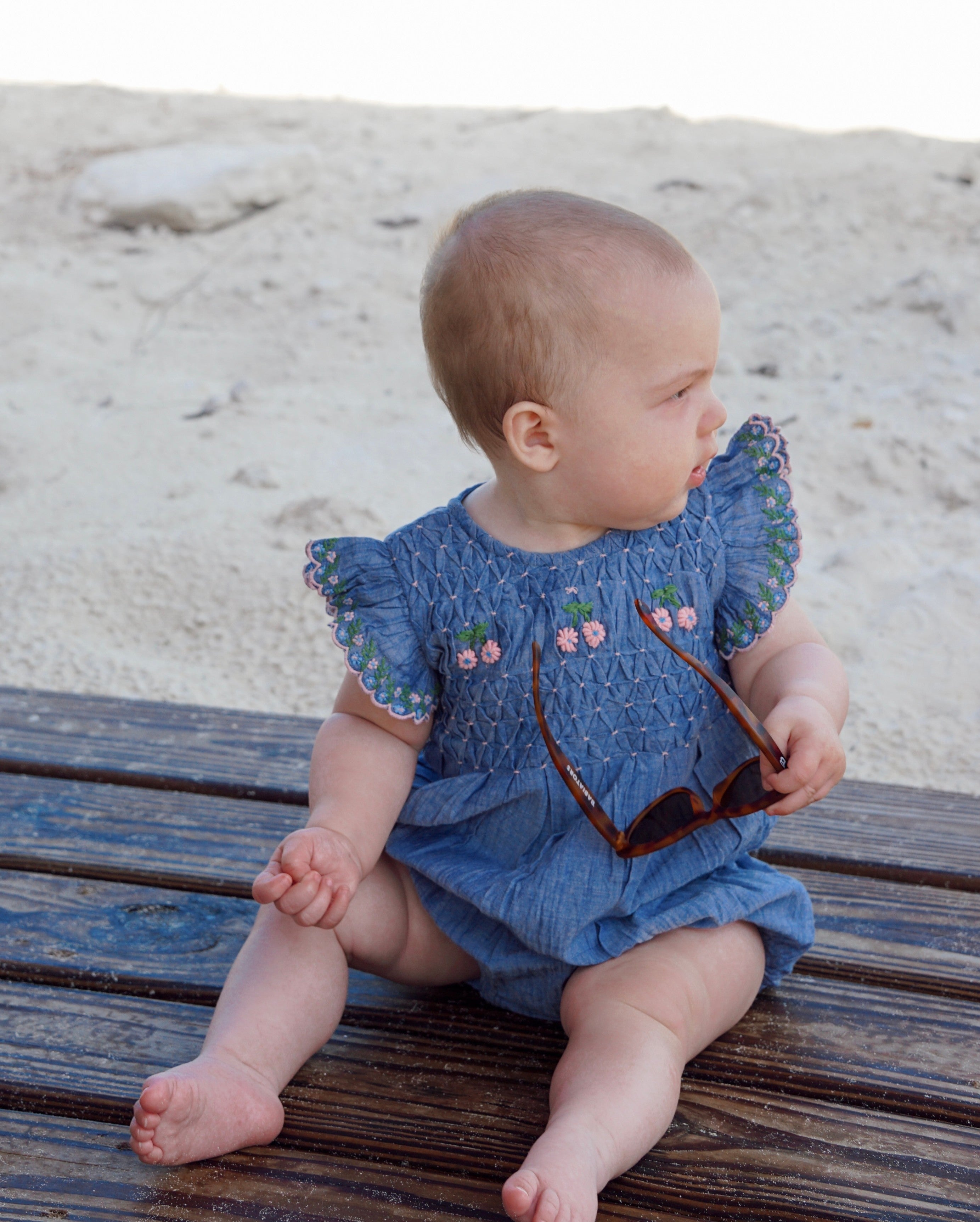 Embroidered Chambray Smocked Romper Rompers Emile et Ida