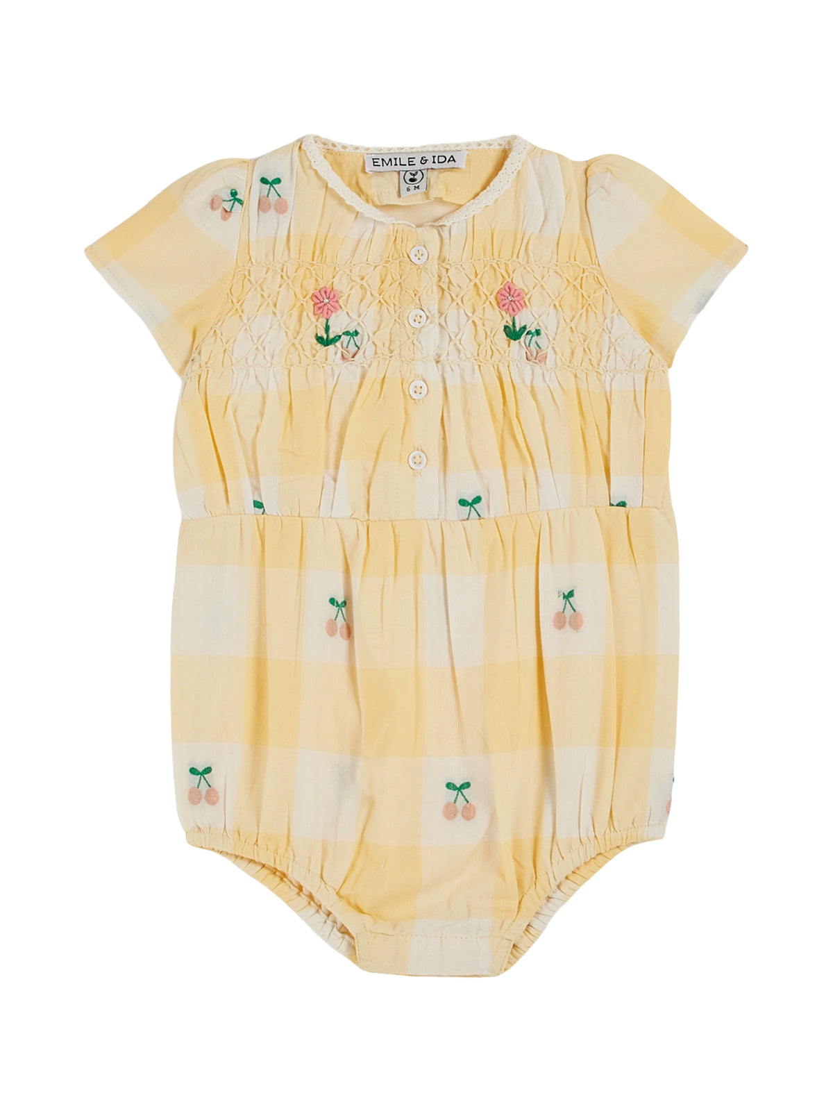 Checkered Cherry Romper Rompers Emile et Ida Yellow Cherry Check 3M