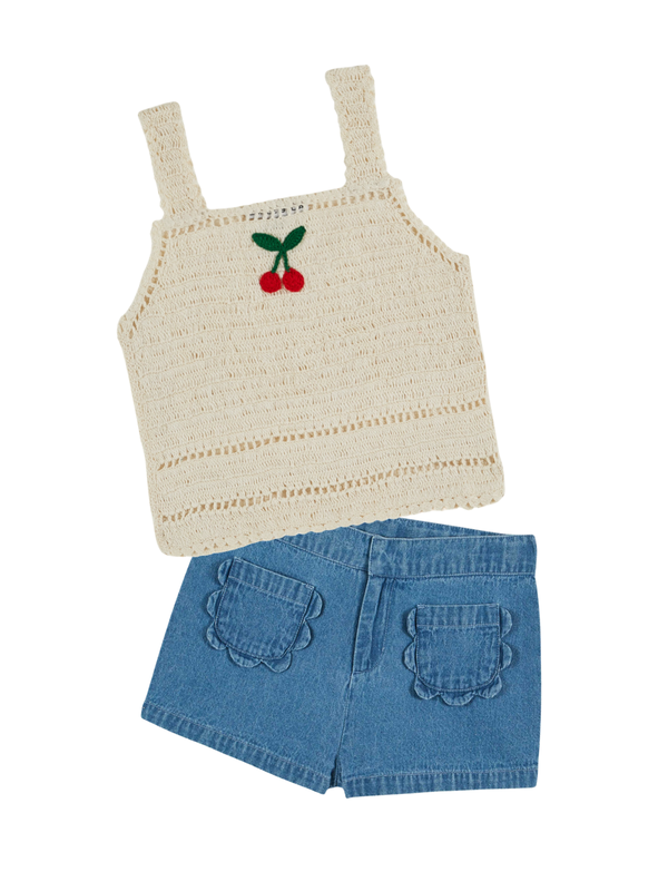 Cherry Crochet Top and Denim Shorts Sets Emile et Ida Denim 3Y