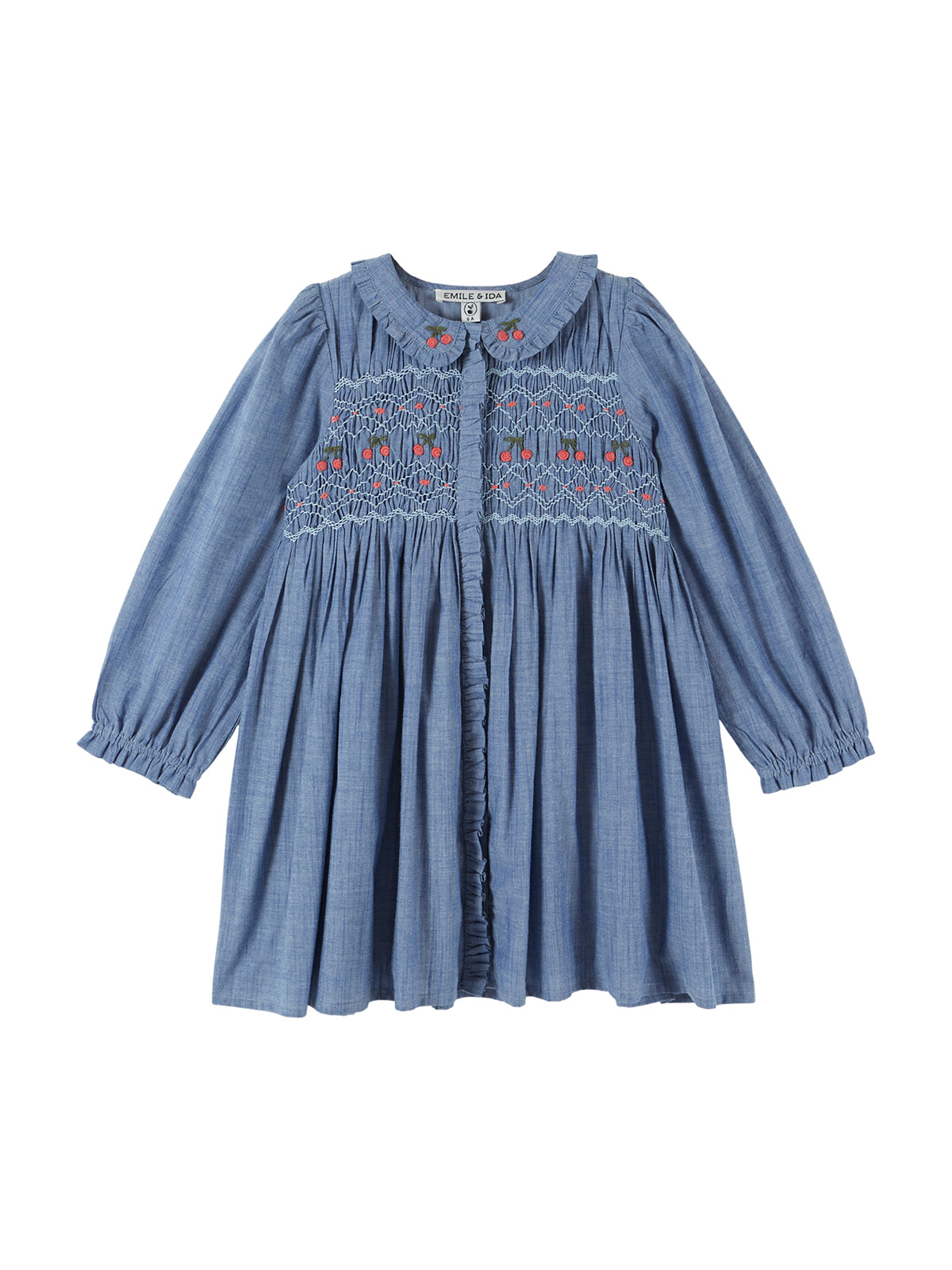 Cherry Embroidered Chambray Smocked Dress Dresses Emile et Ida Chambray 2Y