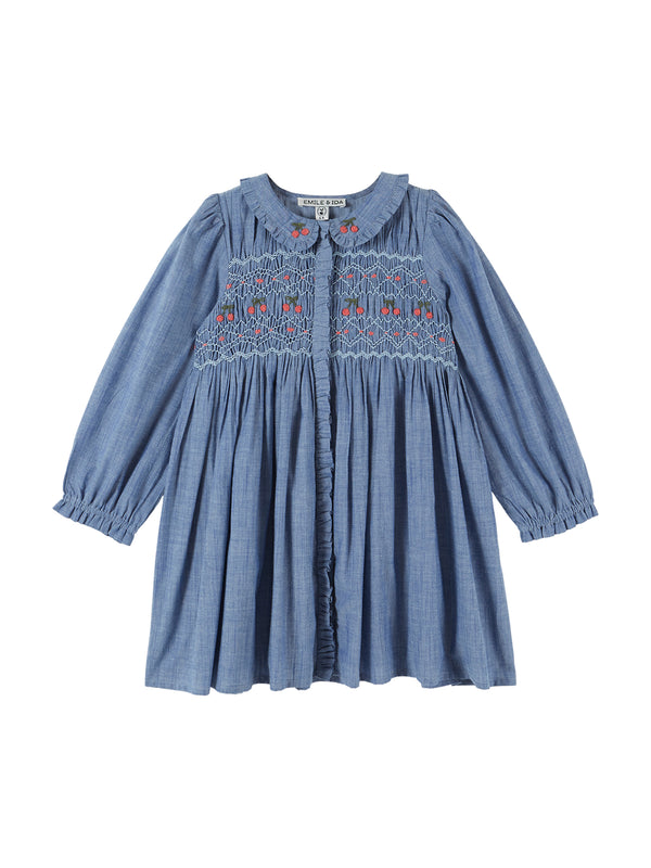 Cherry Embroidered Chambray Smocked Dress Dresses Emile et Ida Chambray 2Y