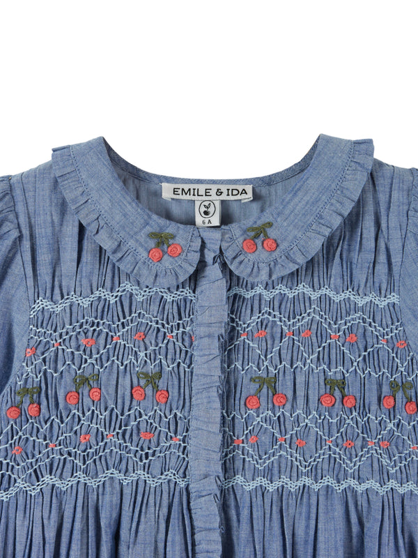 Cherry Embroidered Chambray Smocked Dress Dresses Emile et Ida