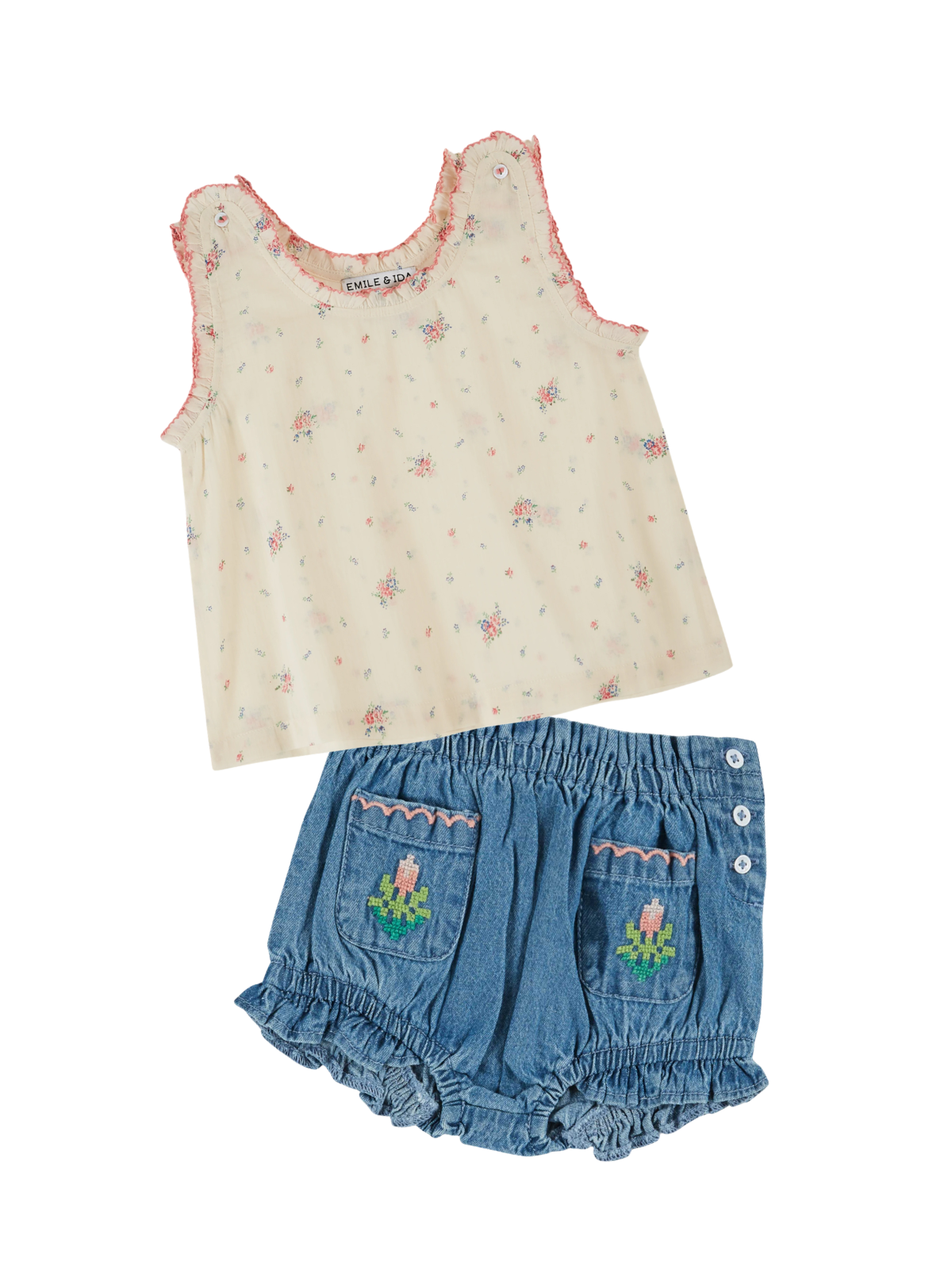 Daisy Top and Embroidered Bloomers Set Tees Emile et Ida Denim 6M
