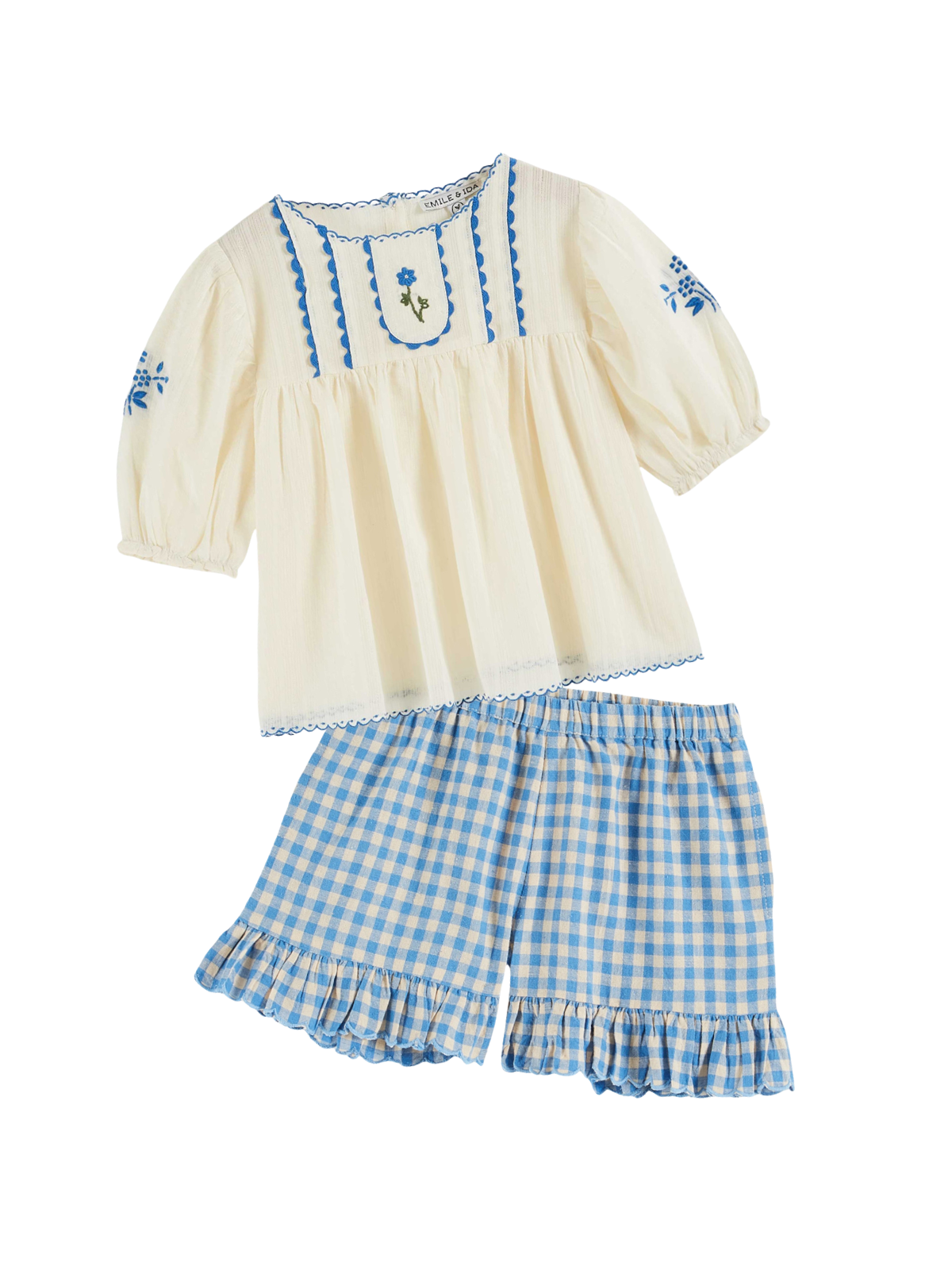 Embroidered Blouse & Gingham Shorts Set Sets Emile et Ida Lagoon Blue 2Y