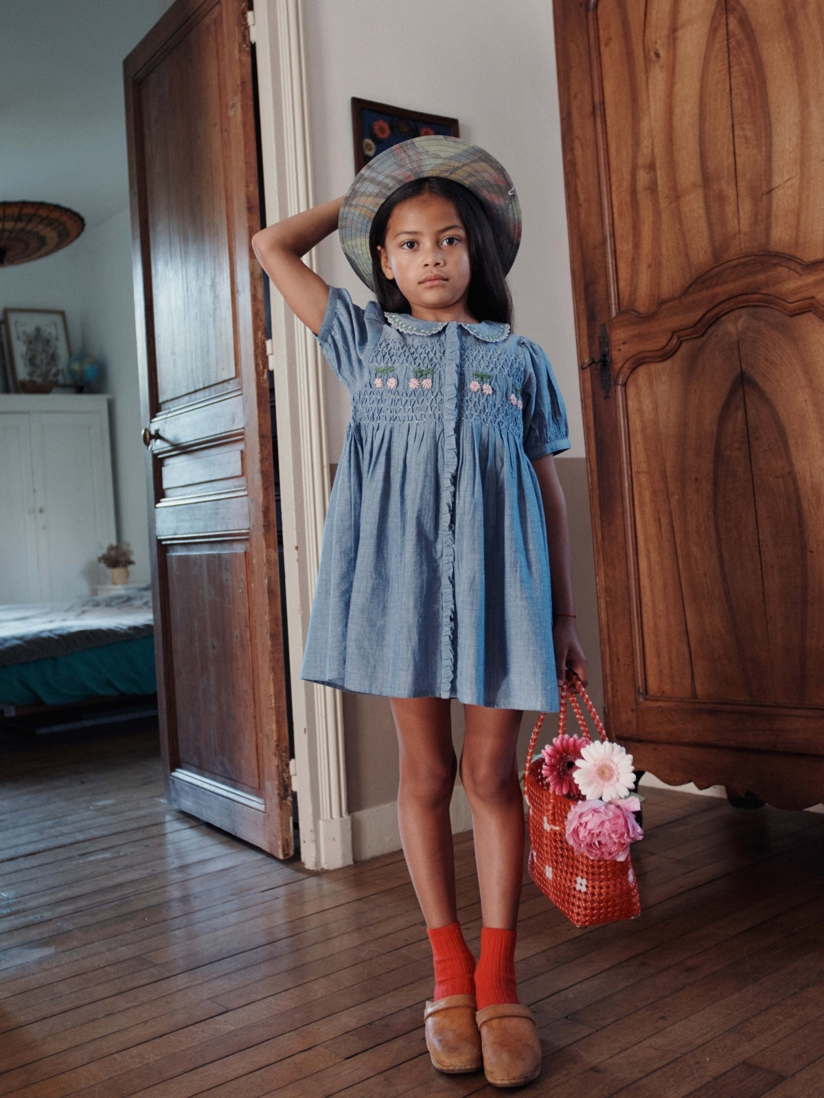 Embroidered Chambray Smocked Dress Dresses Emile et Ida