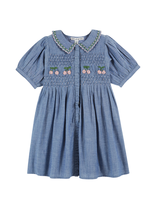 Embroidered Chambray Smocked Dress Dresses Emile et Ida Chambray 2Y