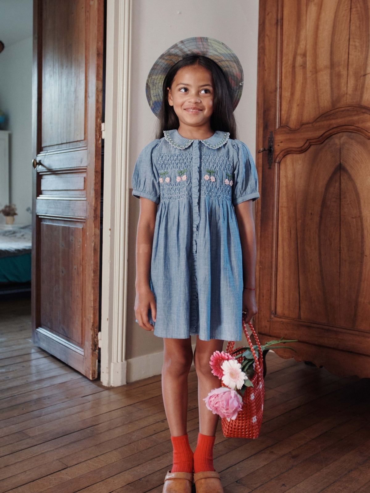 Embroidered Chambray Smocked Dress Dresses Emile et Ida