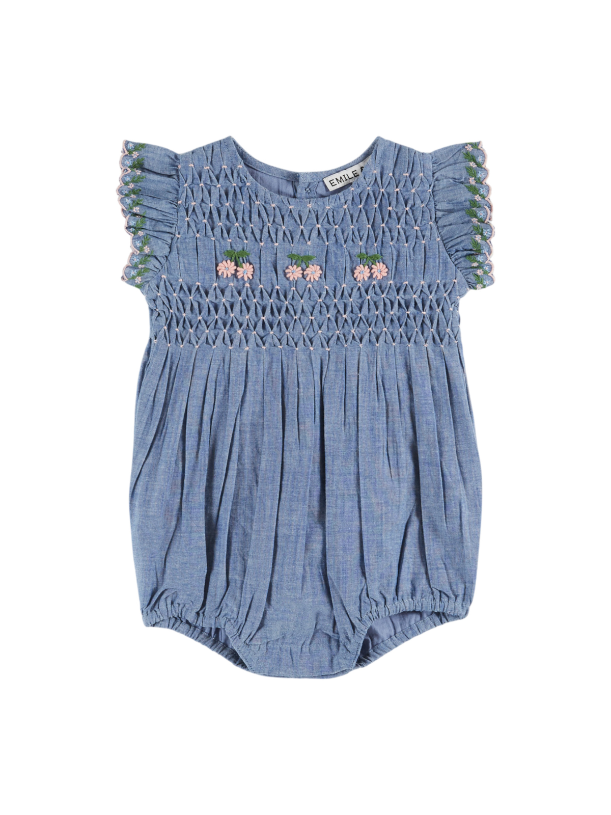 Embroidered Chambray Smocked Romper Rompers Emile et Ida Chambray 6M