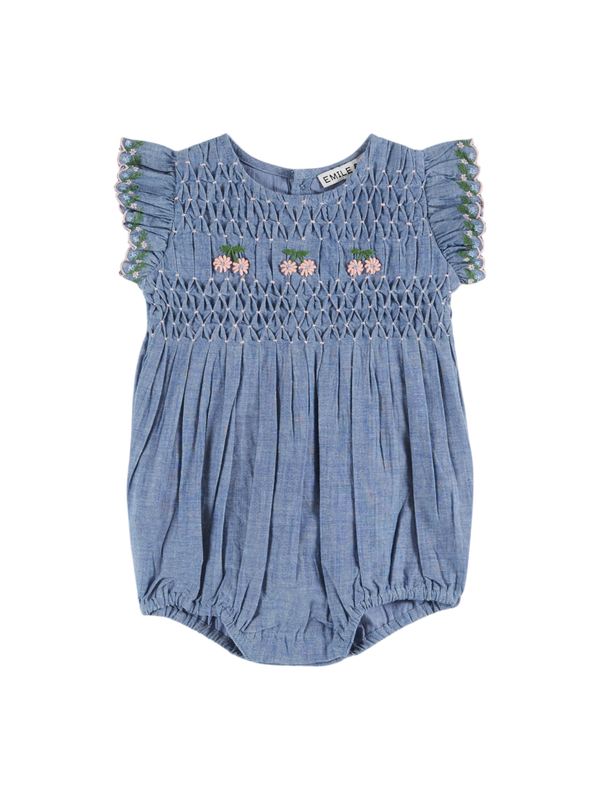 Embroidered Chambray Smocked Romper Rompers Emile et Ida Chambray 6M