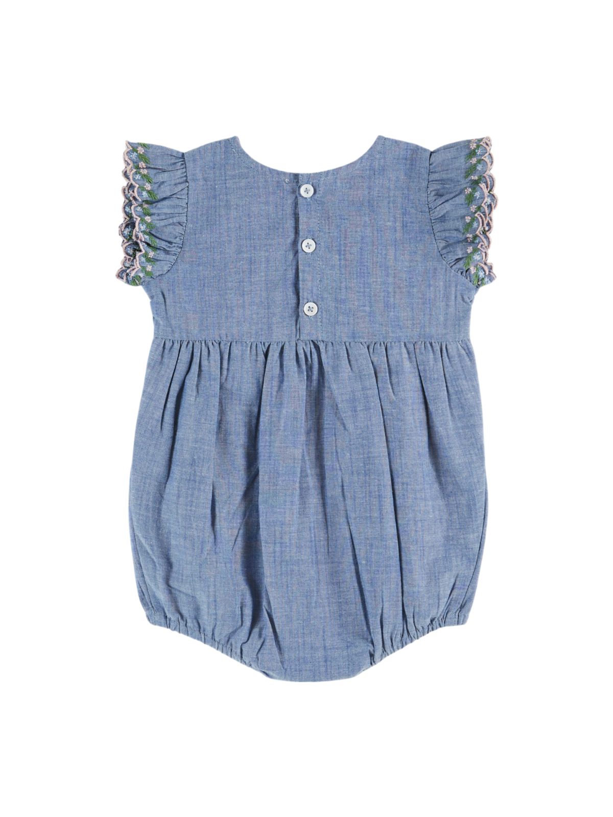 Embroidered Chambray Smocked Romper Rompers Emile et Ida