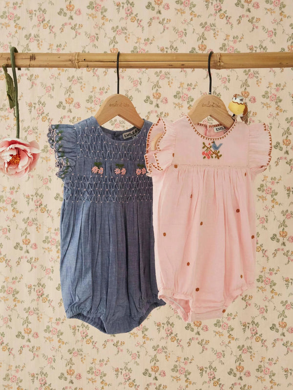 Embroidered Chambray Smocked Romper Rompers Emile et Ida