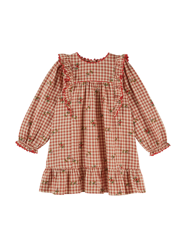 Embroidered Floral Gingham Dress Dresses Emile et Ida Chestnut Gingham 2Y