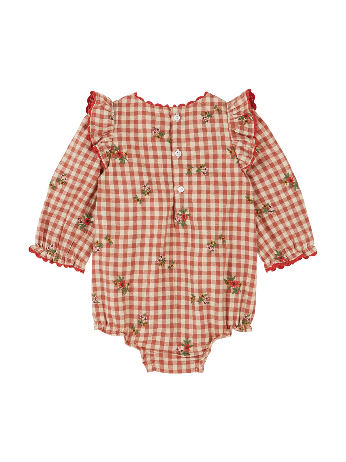 Embroidered Floral Gingham Romper Rompers Emile et Ida