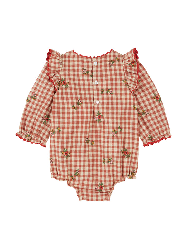 Embroidered Floral Gingham Romper Rompers Emile et Ida