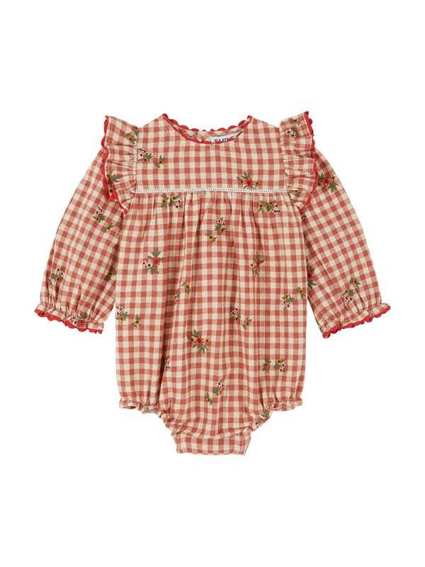 Embroidered Floral Gingham Romper Rompers Emile et Ida