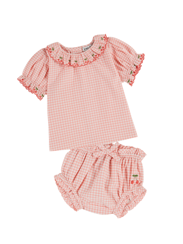 Embroidered Gingham Blouse and Bloomers Set Sets Emile et Ida Peony Gingham 6M