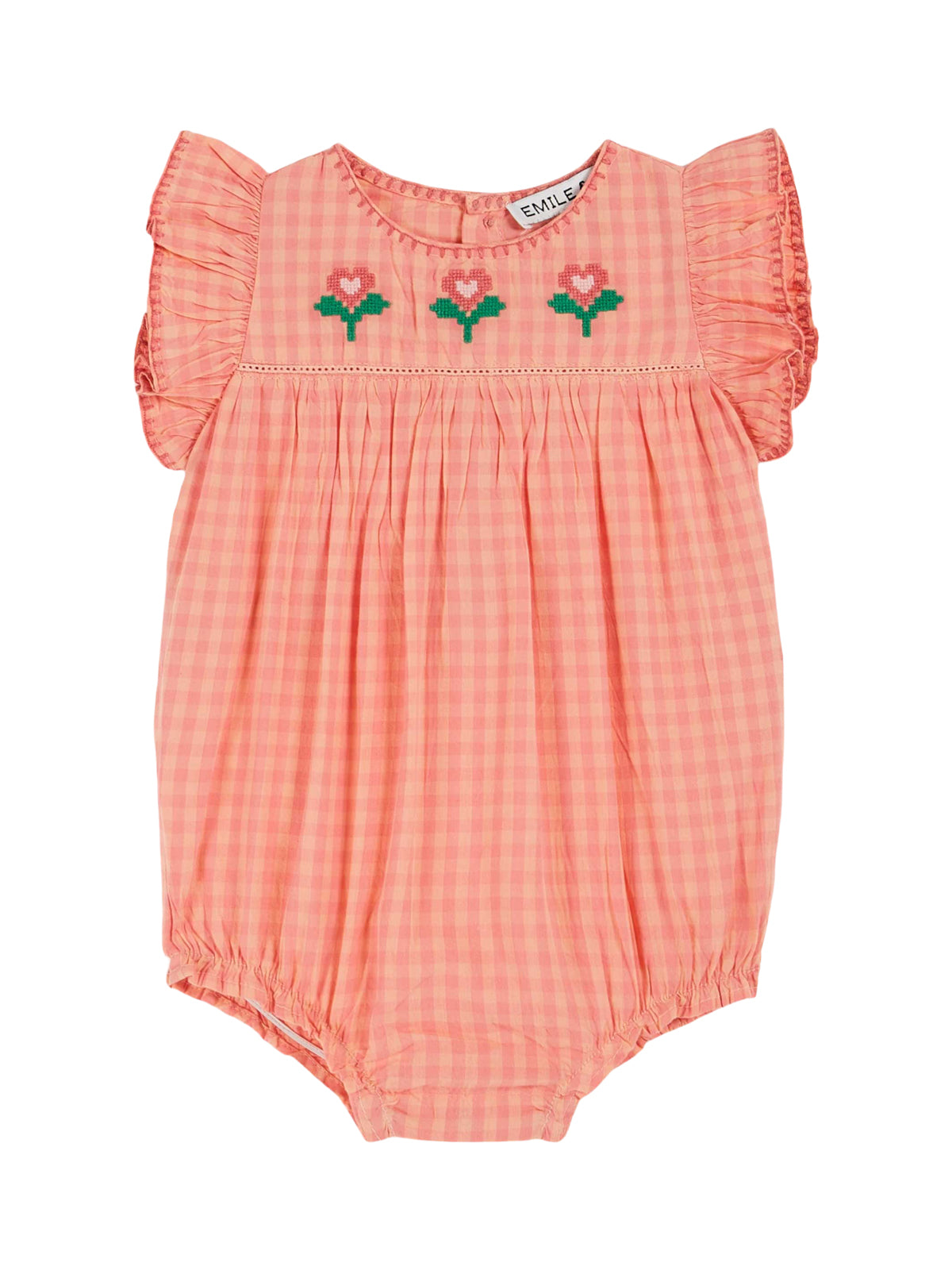 Embroidered Gingham Romper Rompers Emile et Ida Peony Gingham 3M