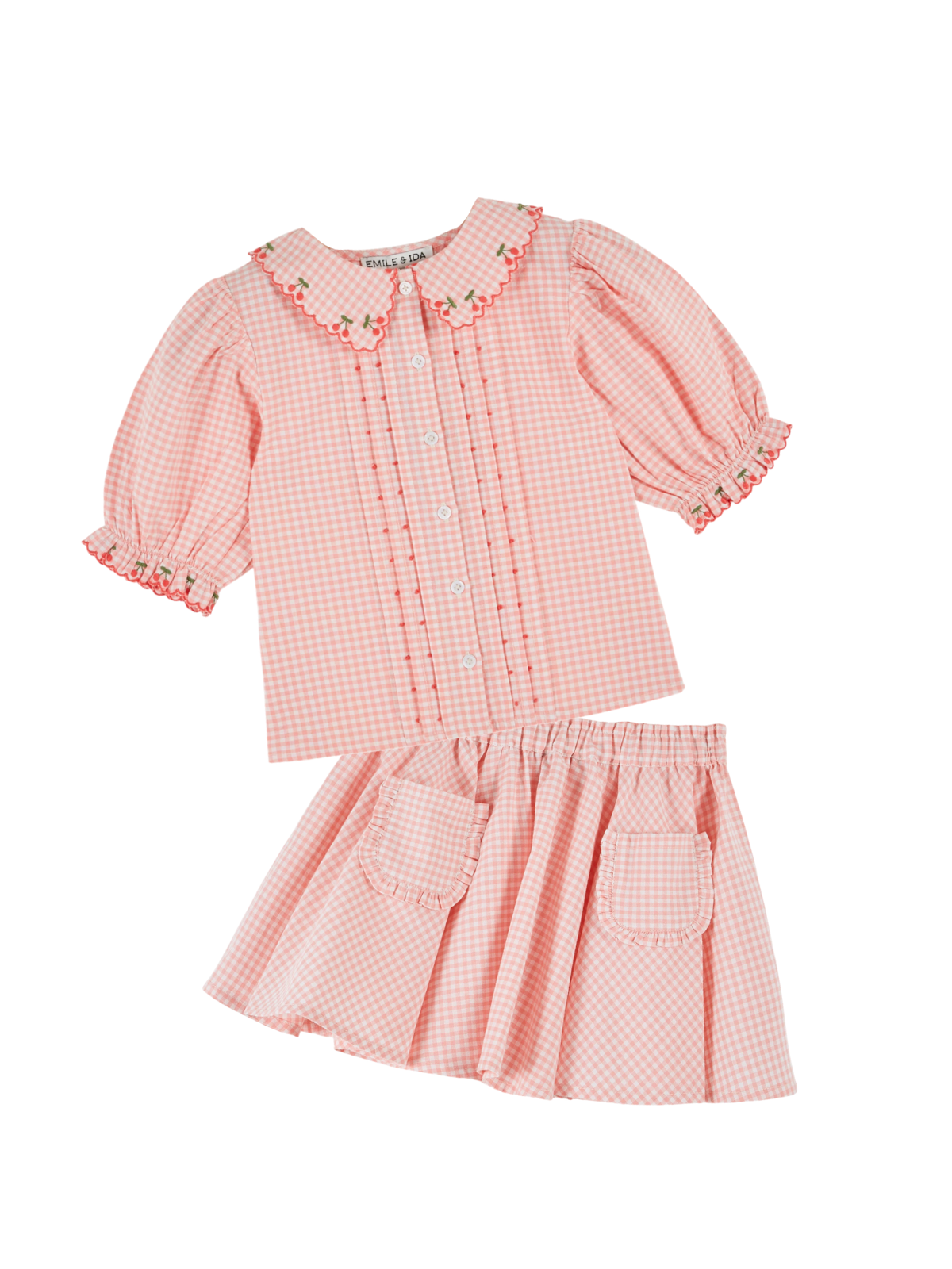 Embroidered Gingham Skirt Set Sets Emile et Ida Peony Gingham 2Y