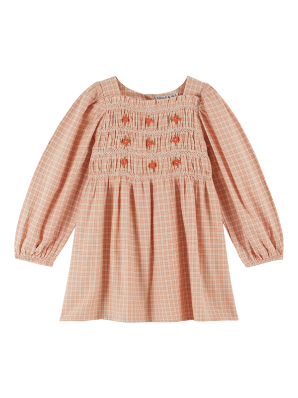 Embroidered Gingham Smocked Dress Dresses Emile et Ida Peach 2Y