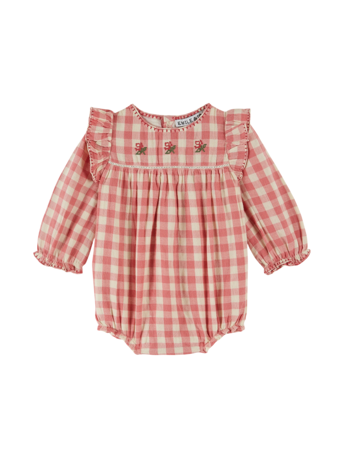 Floral Embroidered Gingham Romper Rompers Emile et Ida Rose Pink 6M