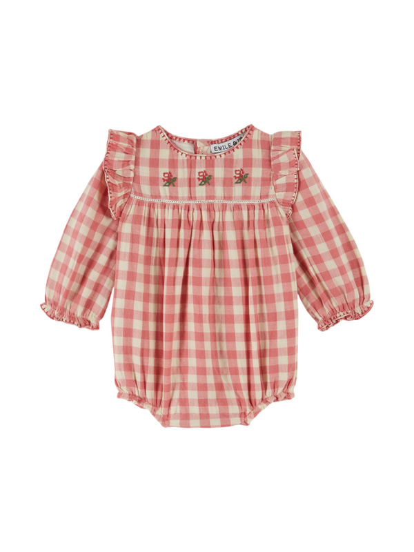 Floral Embroidered Gingham Romper Rompers Emile et Ida Rose Pink 6M