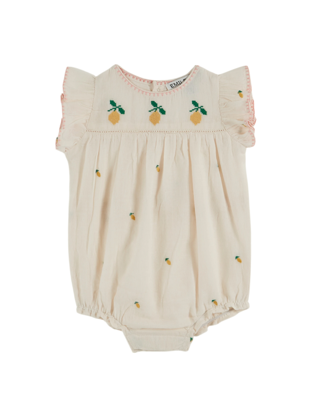 Lemon Embroidered Romper Rompers Emile et Ida Cream 3M