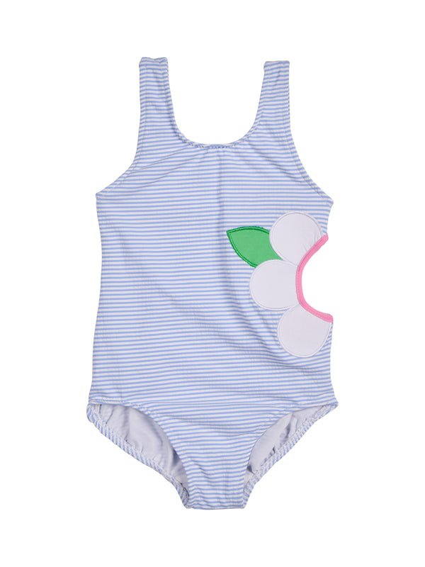 Flower Side Cut Out One Piece Suit Swim Florence Eiseman Light Blue Stripe 3T