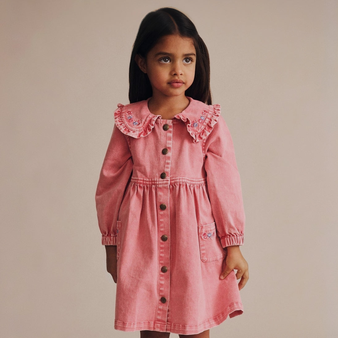 girl wearing huxbaby floral collar denim dress